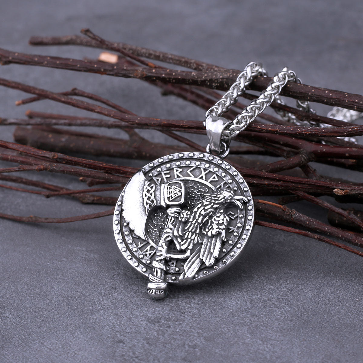 Vintage Nordic Vikings Odin Raven Axe Rune Necklace Men Stainless Steel Fashion Hip Hop Pendant Necklace Punk Biker Male Jewelry