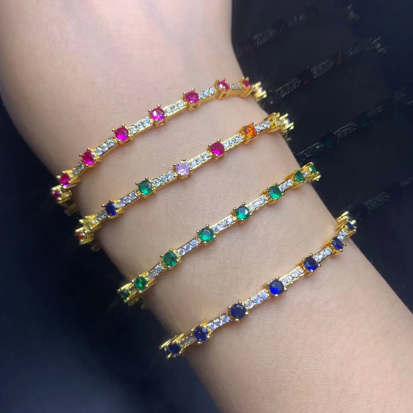 Gold Color Colorful Fashion Women Jewelry Rainbow Blue Red Green CZ Bar Geometric Charm Link Chain Bracelet