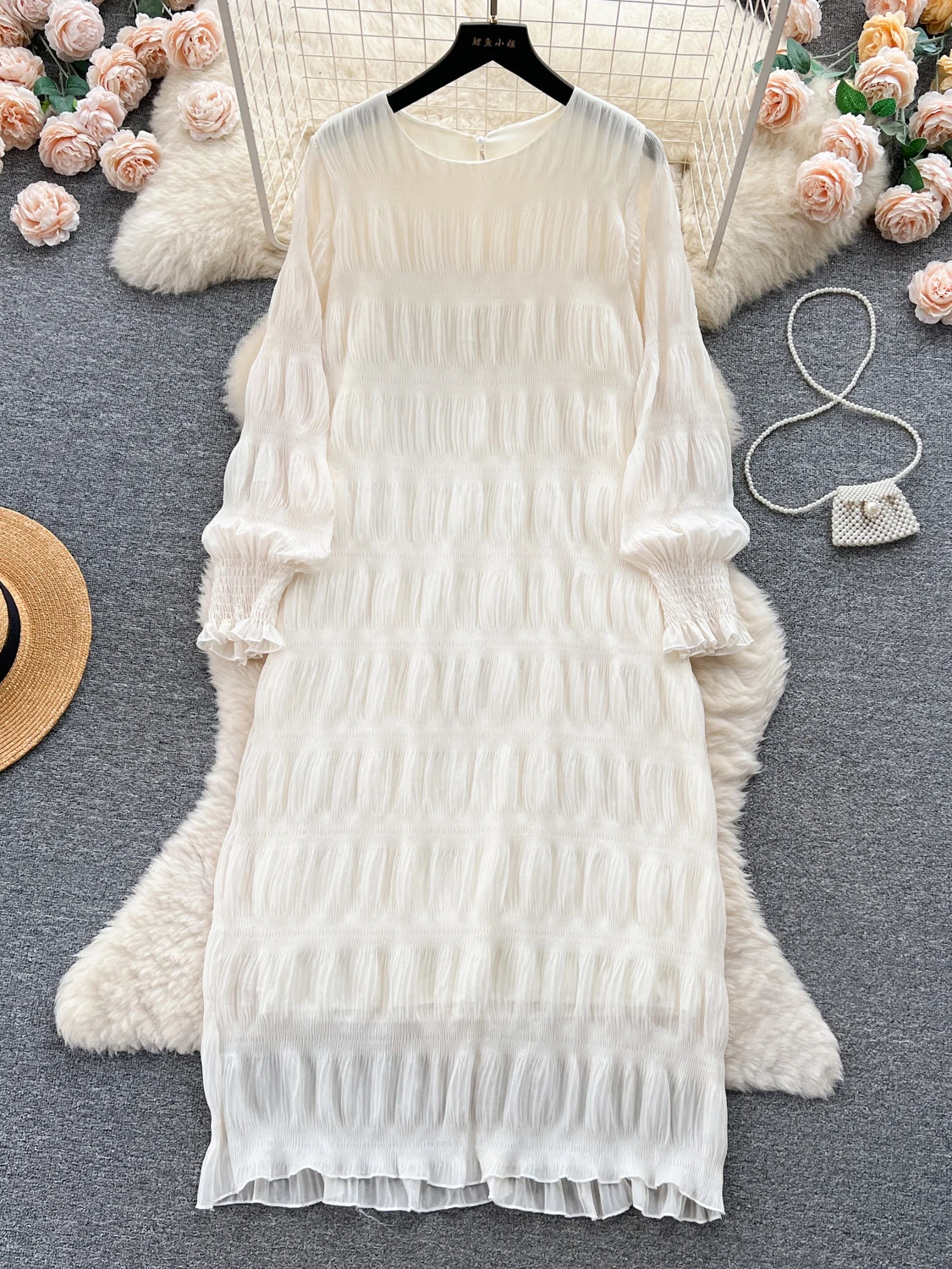 Autumn Vintage Women Draped Loose Midi Dress Elegant Round Collar Puff Long Sleeve Robe Casual Yellow/Burgundy/Green Vestido New