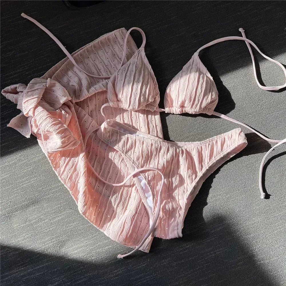 White Swimwear with Cover Up Halter Micro Thong 3 Piece Bikini Set Women Textured Swimsuit String Bathing Suit Bikinis Beachwear