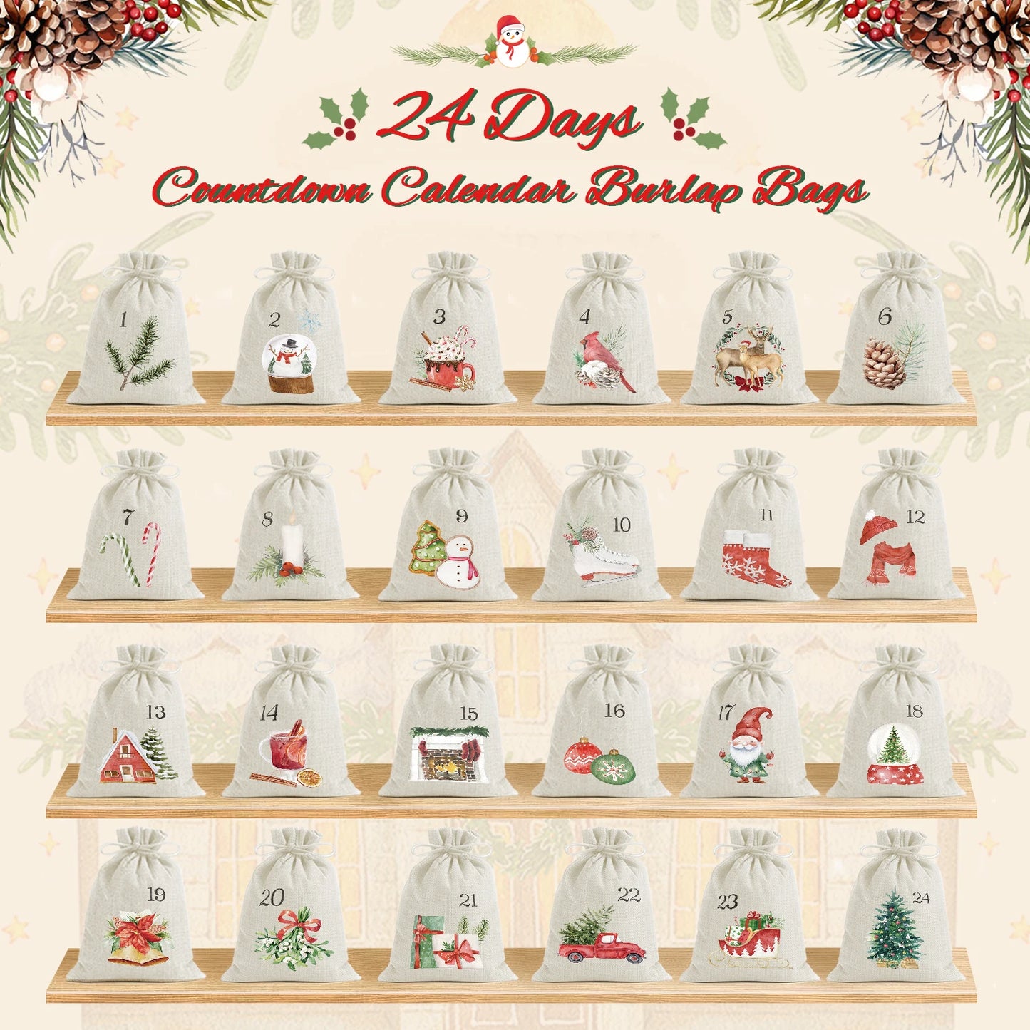 24pcs Drawstrings Christmas Gift Bags, 24 Days Countdown Calendar Christmas Bags for Xmas Tree Decorations Holiday Party