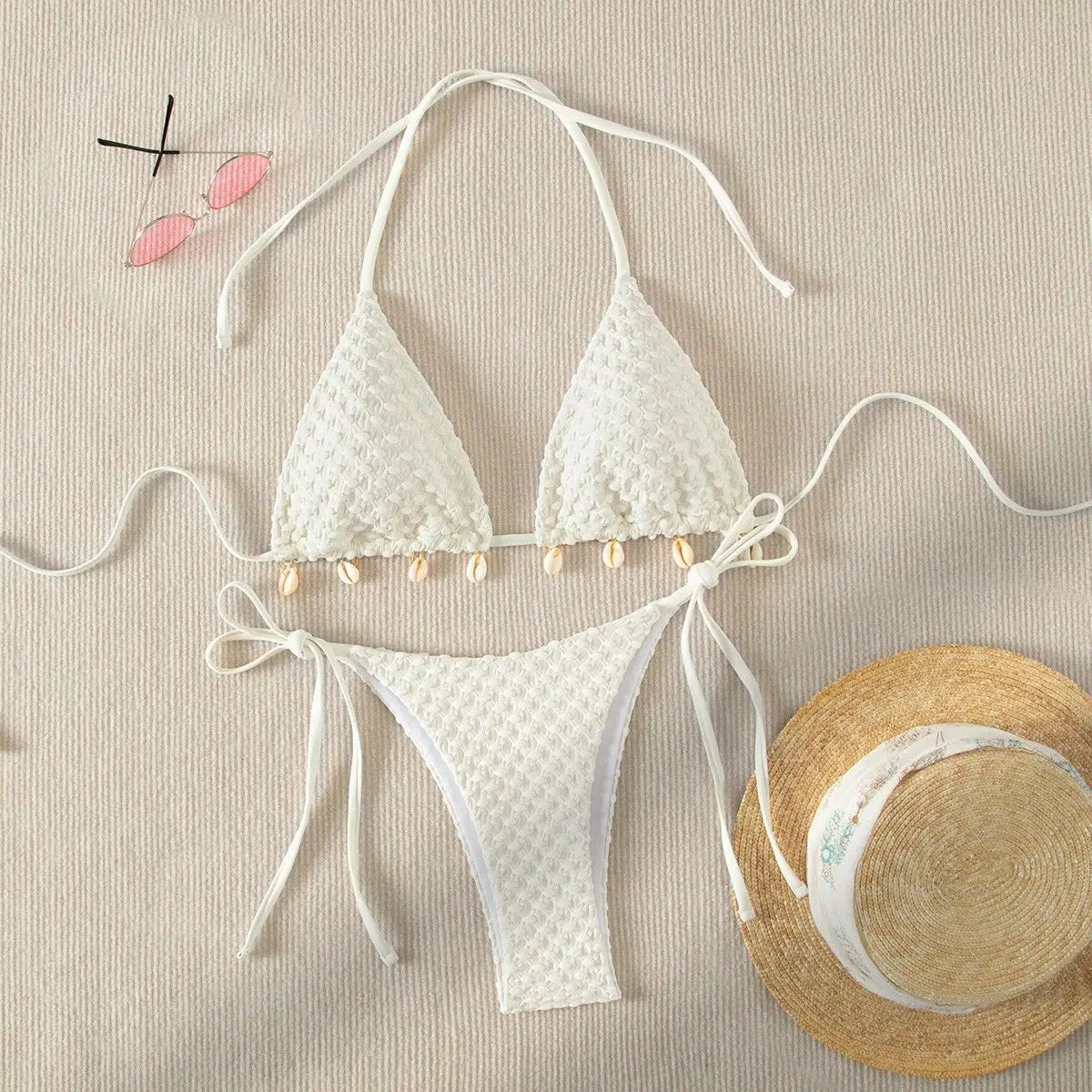 Sexy Bikini Set White Shell Designer Swimsuit 2025 New Halter Push Up Micro Bikinis Summer Bathing Suit Tie Side Thong Swimwear