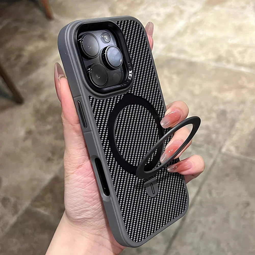 Desert Gold metal holder carbon fiber magnetic phone case for iPhone 17 16 15 14 13 Pro Max magsafe charging hard back cover