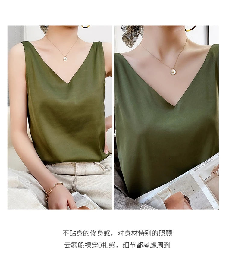 Women's New Four Seasons Inner Wear Silk Suspenders 2022 V-Neck Solid All-Match Satin Vest Soft Loose Thin Lady Sleeveless Tops