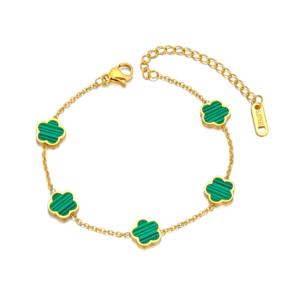 JeeMango Fashion Stainless Steel White Black Green Shell Flower Charm Bracelets For Women Real Gold Plated Chain Jewelry JB23071