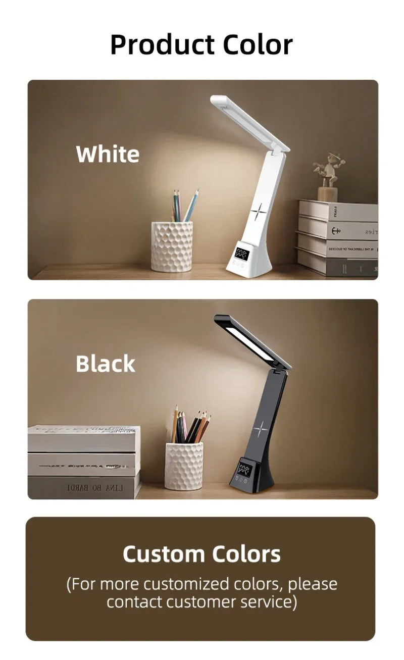 Multifunction LED Desk Lamp with Wireless Charger Digital Clock  Alarm USB 3 Colors Dimmable Study Light for Office Bedroom