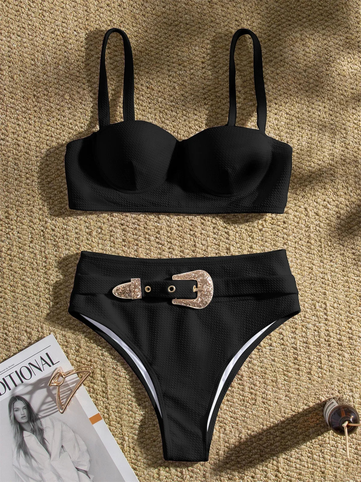 Sexy Rhinestone Belt High Waist Bikinis Set 2024 Women Solid White Black Push Up Underwire Swimsuit Buckle Bathing Suit Swimwear