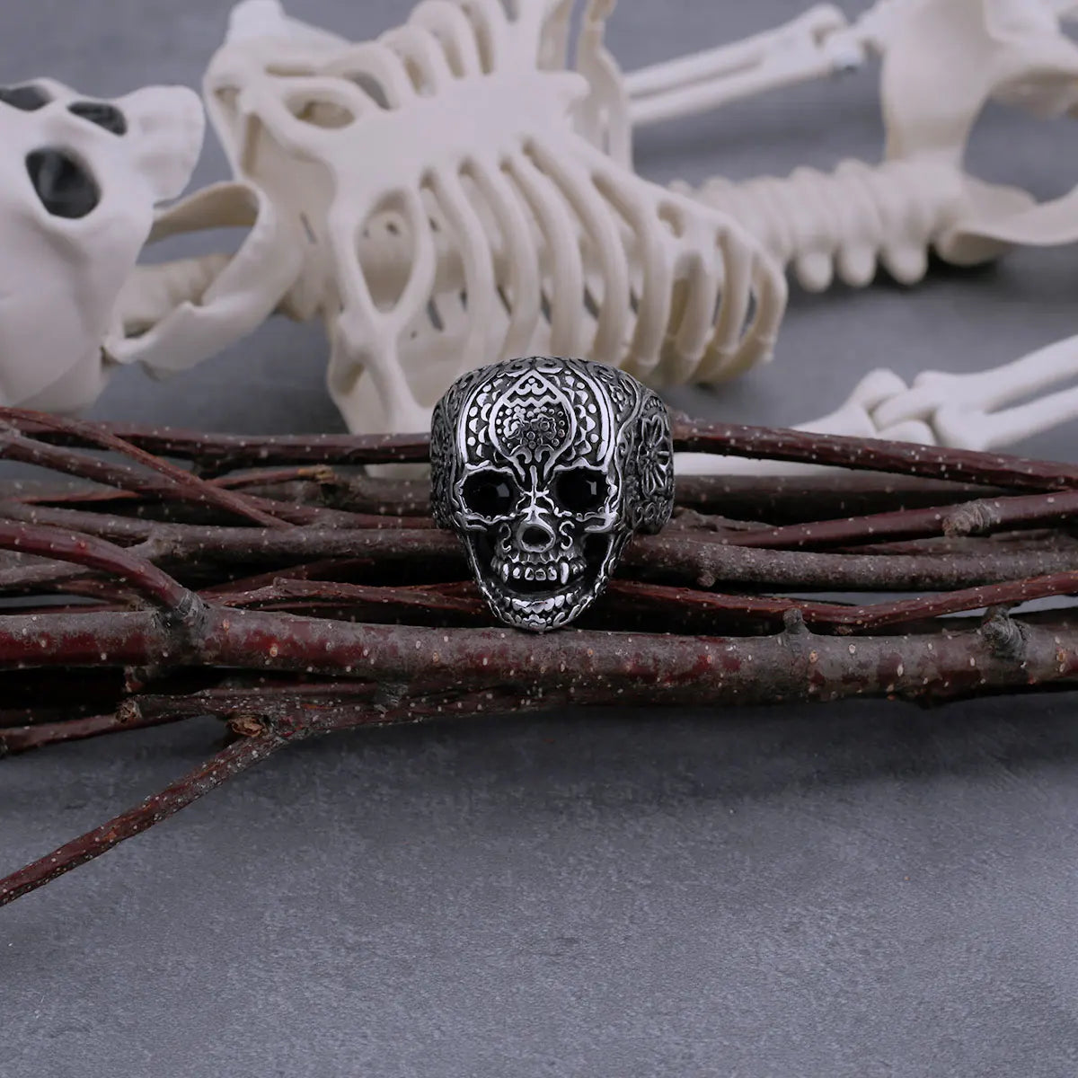 Stainless Steel Retro Flower Skull Ring Men's Gothic Hip Hop Fashion Biker Ring Men's Jewelry Gift Wooden Box Dropshipping