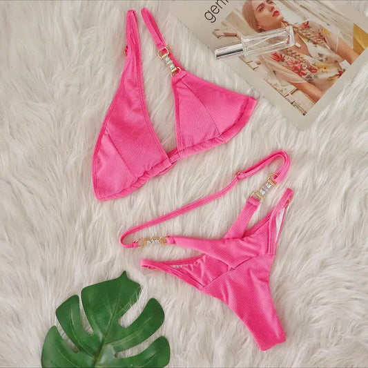 2024 New In Women's Summer Sexy Pink String Bikini Sets Crystal Rhinestone One Shoulder Swimsuit Beach Luxury Swimwear