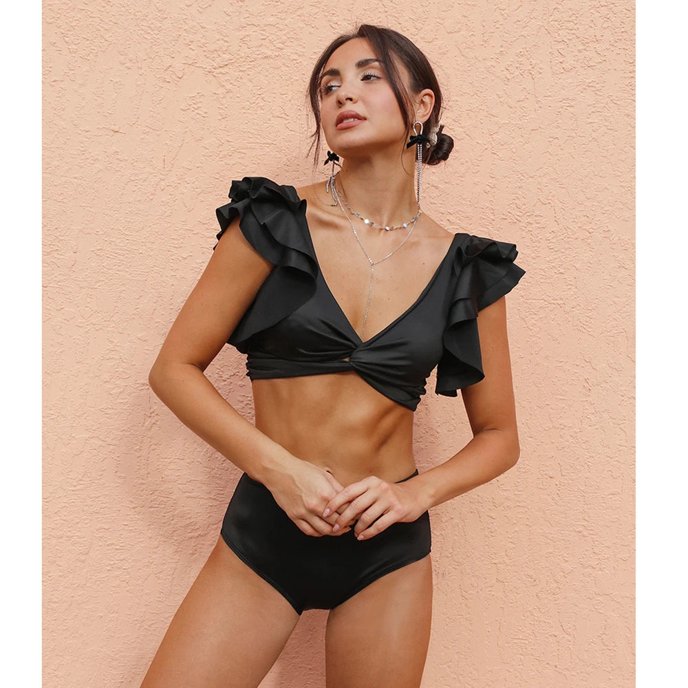 Ruffle Swimsuit 2024 New High Waist Bikini Solid Swimwear Women Sexy Bikinis Push Up Swim Wear Female Bathing Suit Beachwear