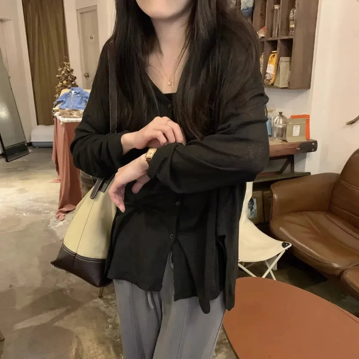 Solid V-neck Shirt Women Spring Single Breasted Chiffon Loose Slim All-match Sun Protection Thin Breathable Fashion Slim Cozy