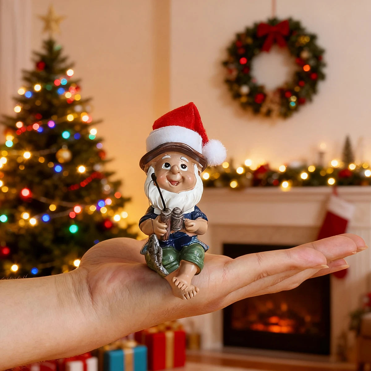 1 Christmas fishing dwarf, creative Christmas home decoration, fun Christmas hat dwarf, Christmas gift, resin crafts