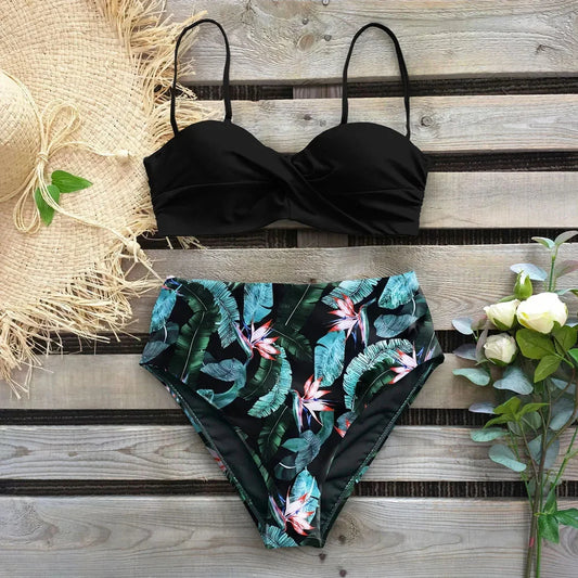 2024 Sexy Leaf Print Bikini Female Swimsuit Women Swimwear Thong Push Up Bikinis Set High Waist Swimming Suits for Bathing Suit