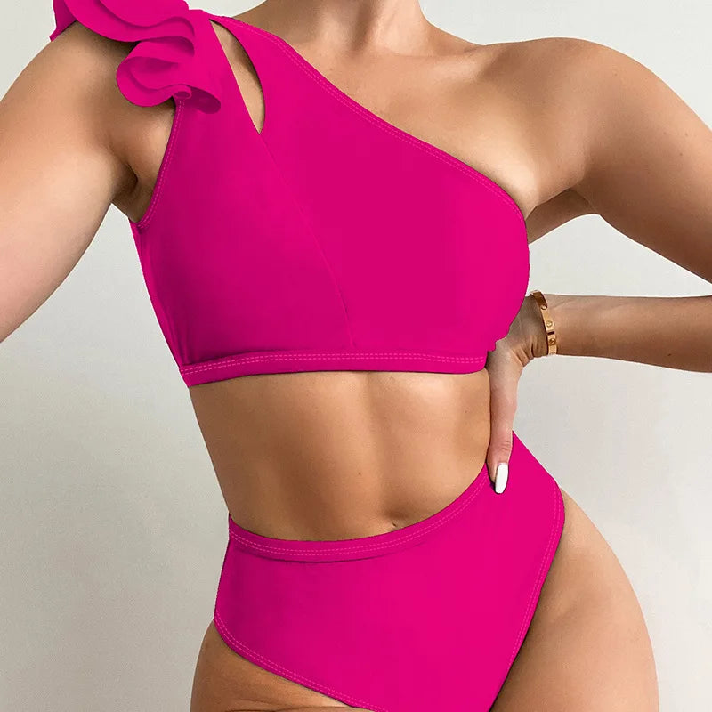 One Shoulder Bikinis 2025 Women Ruffle Swimsuit Solid High Waist Swimwear Female Padded Bathers Bathing Swimming Suit Beachwear