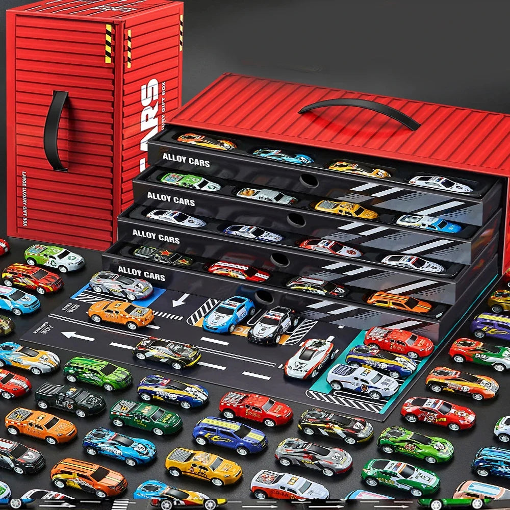 Christmas Gift 48Pieces Alloy Racing Car Models Scale Cars Set Container Storage Toy Metal Trucks Vehicles Model for for Kids