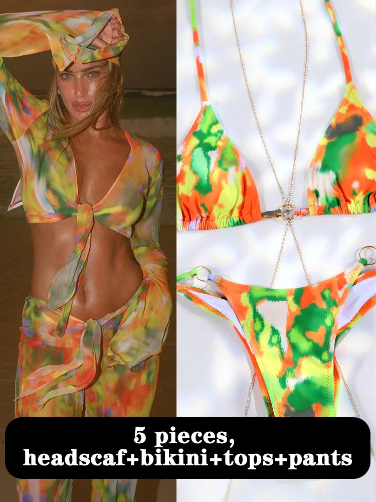Miyouj 2025 Tie Dye Bikini Set Triangle Bathwear New Three Piece Suit Low Waist Biquini Summer Cover Up Women's Bandage Swimsuit