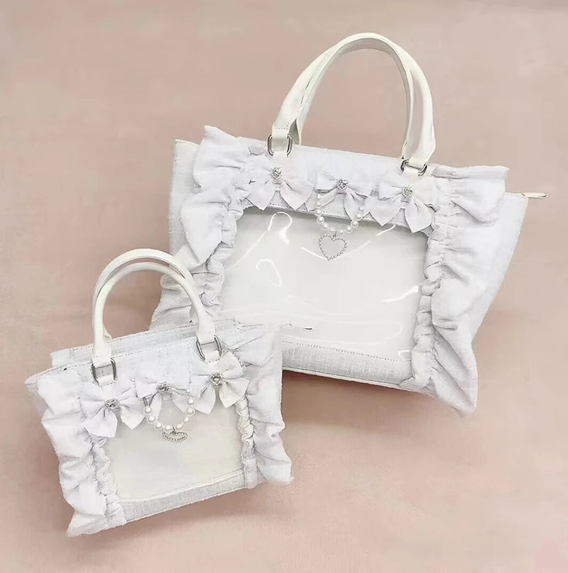 Japanese Style Mine Ita Bag Ruffled Lace Women Girls Rhienstone Pearl Bowknot Square Tote Shoulder Portable Bolso Handbags
