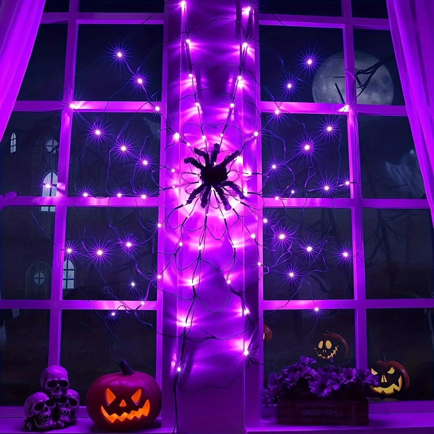 Halloween Window Decorations Purple Spider Web String Lights with 70 LEDs Battery Powered Remote Control 8 Modes for Party Decor