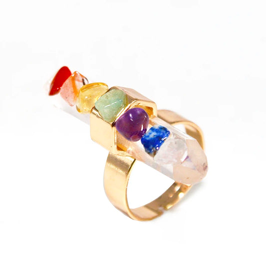 7 Chakra Stone Rings for Women Gold Color Irregular Raw Crystal Resizable Finger Jewelry Yoga Energy Balancing