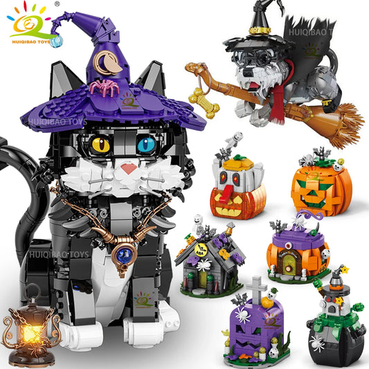 HUIQIBAO Halloween Wizard Cat Dog Ghosts Pumpkin Houses Model Building Block DIY Haunted House Bat Bricks Toys for Adult Gift