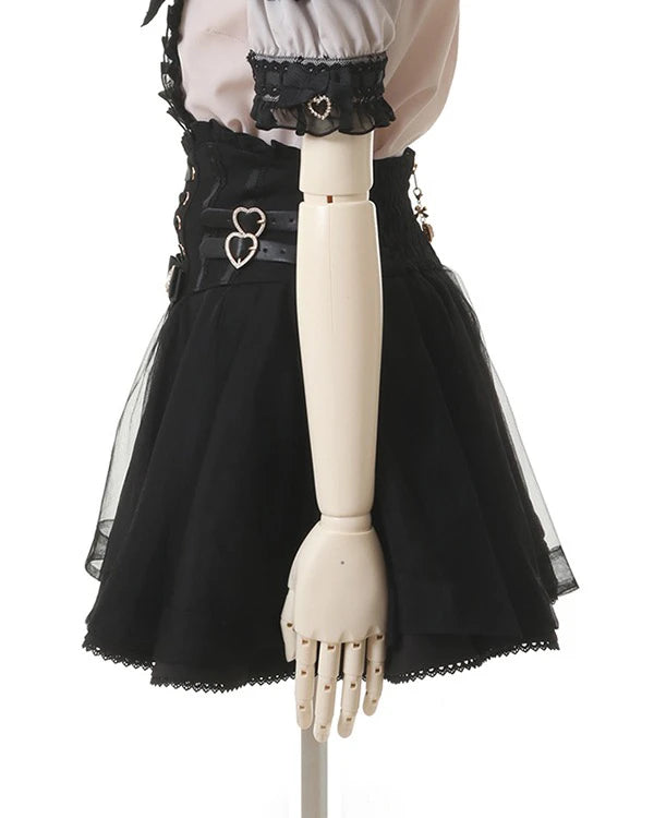 Japanese Liz New Summer Lace Edge Leather Ring High Waist Pleated Skirt Ribbon Bow All-match Short Skirts Big Bow Lolita Blouses