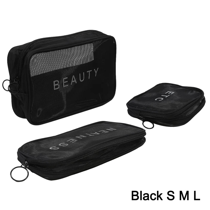 Transparent Mesh Makeup Bag Women Travel Toiletry Wash Cosmetic Bag Storage Case Letter Printed Zipper Make Up Bags 3 Size