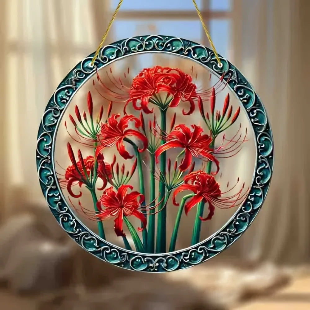 Flower Suncatcher, Stained Window Hanging, Acrylic Sign, Winter Decor, Round Sign, Wreath Sign, Wreath Center, Christmas Gift