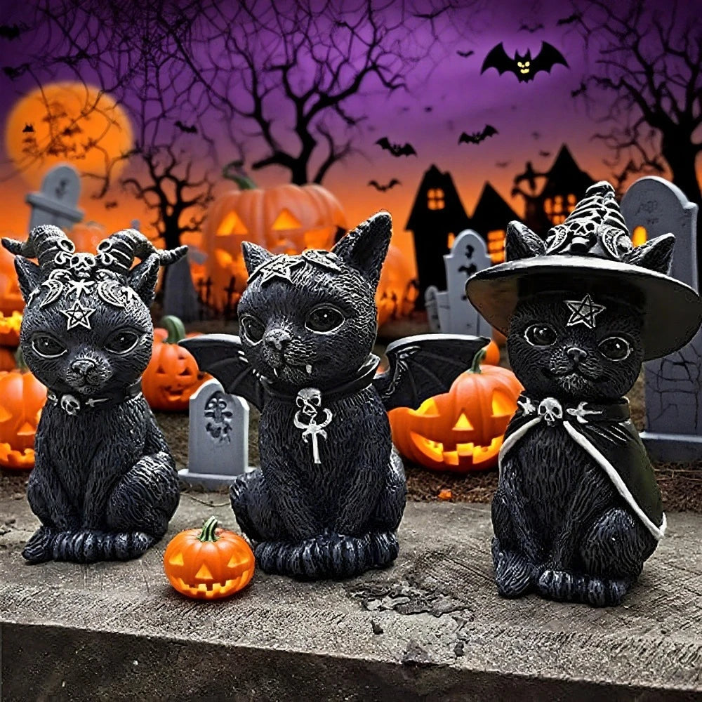 1PC Black Cat Statue Witch Gothic Decor Hand Painted Sculpture Halloween Desk Ornament Mysterious Cute Figurine Home Decor