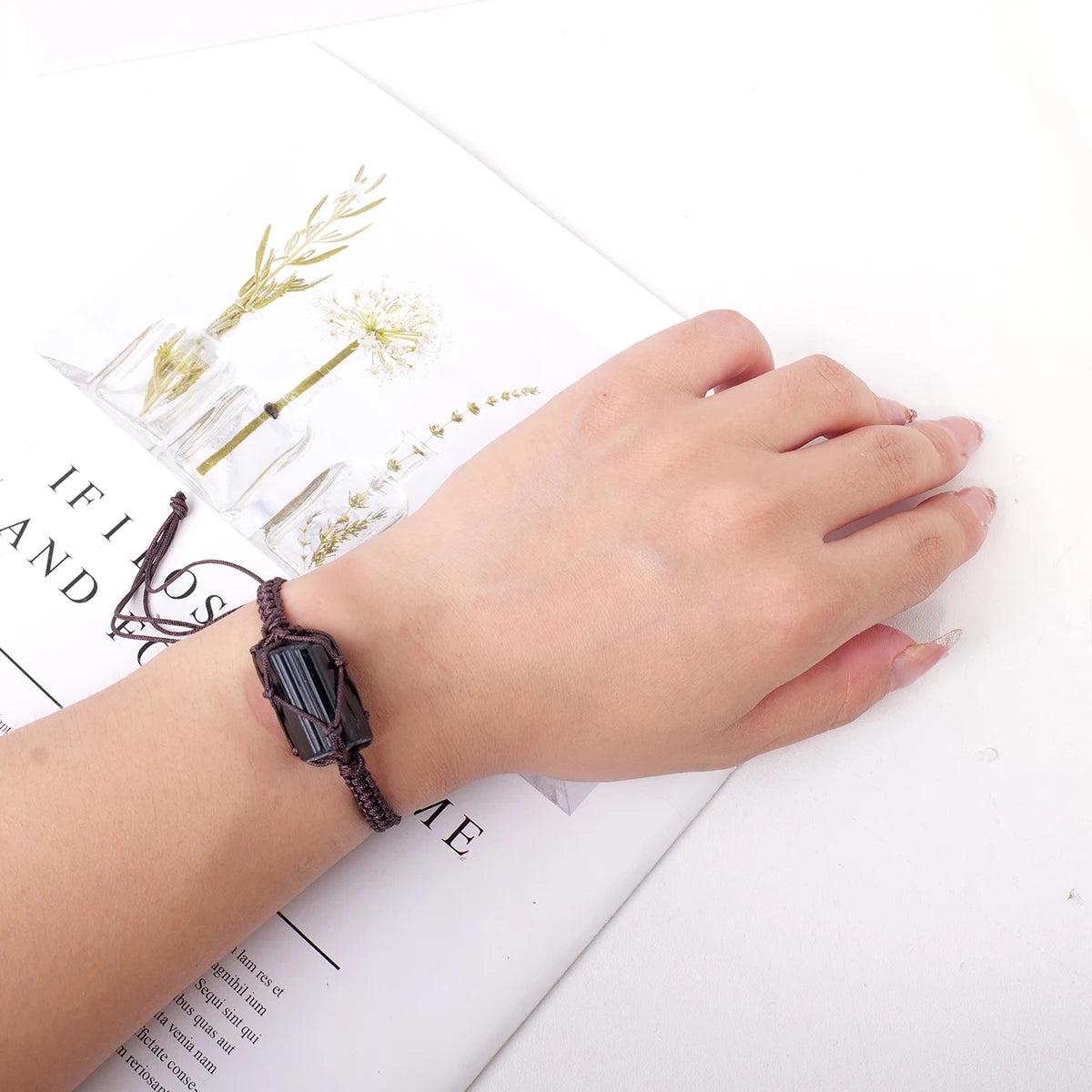 1PC Natural Crystal Black Tourmaline Post Bracelet Adjustable Men Women Wearing Decorative Healing Gift