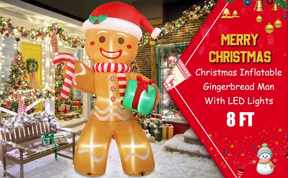 8FT/2.4M Christmas Inflatables Gingerbread Man with Gift Pack Outdoor Decorations Xmas Yard Decorations with LED Lights for Lawn