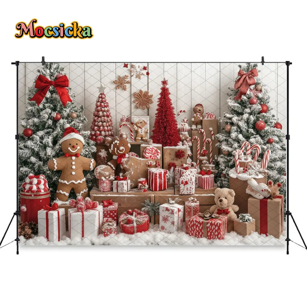 Mocsicka Christmas Gift Room Background for Winter Kid Photography Xmas Tree Gingerbread Man Snowy Backdrop Decor Photo Studio