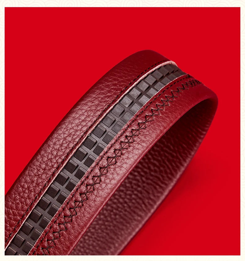 Genuine leather Chinese style men's belt, red belt, automatic buckle, personalized belt