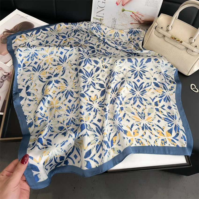 Imitated Silk Headcloth Fashion Flower Print Square Shawls Popular 70X70cm Bandanna Kerchief Sun Protection Silk Scarves Tie Bag