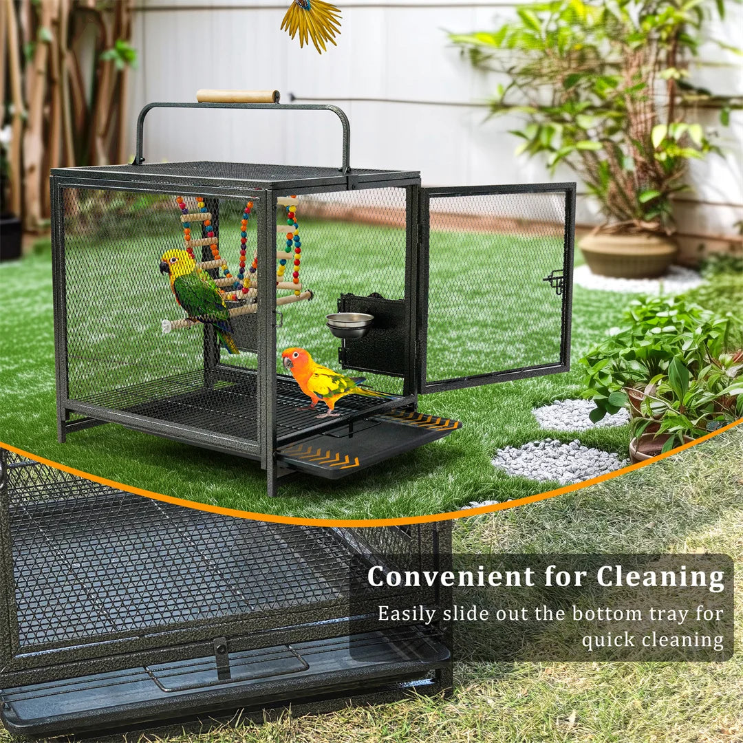 Portable Bird Cage Travel Carrier Cage Playpen with Hammock Toy Removable Tray