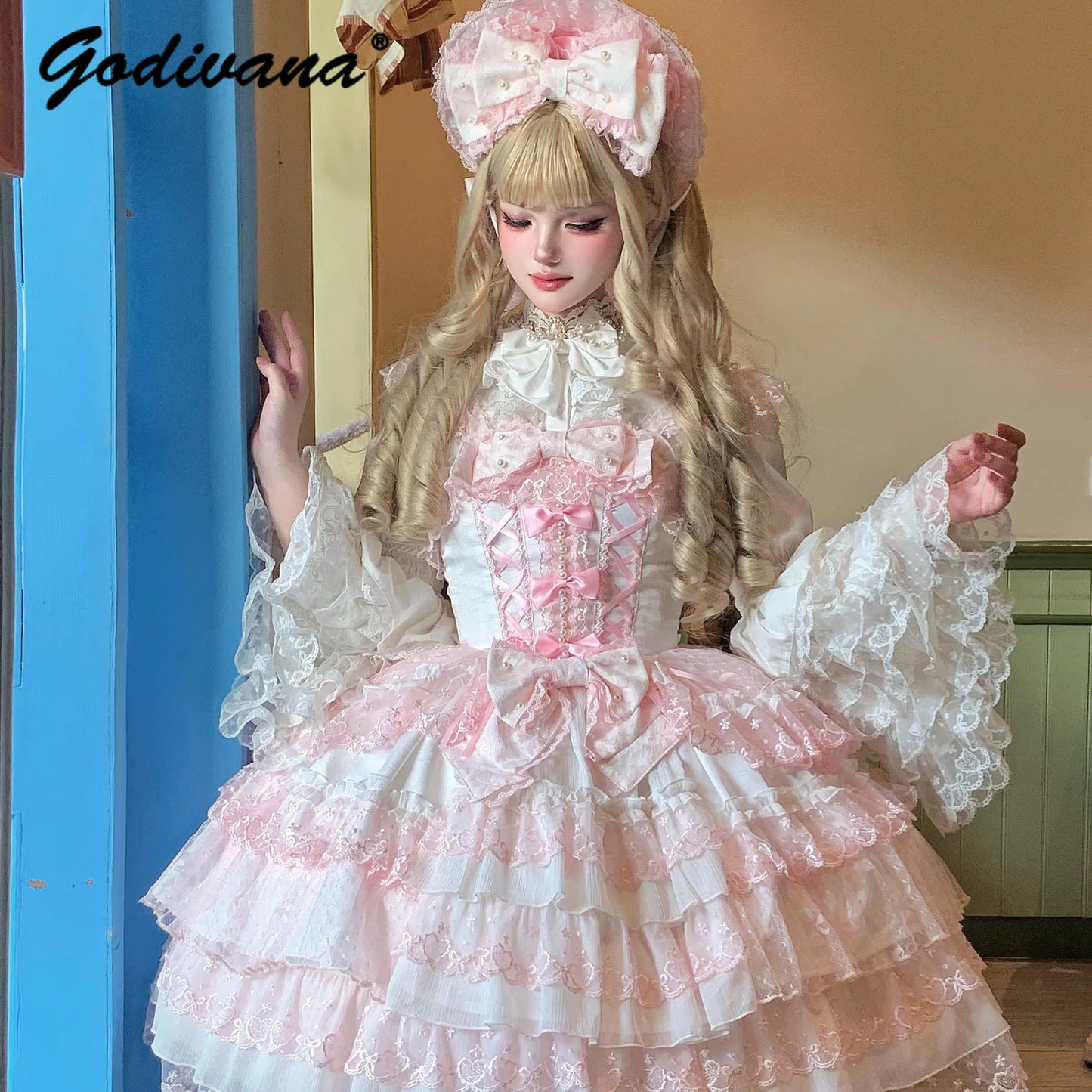 Original Design Lolita Jsk Suspender Dress Sweet Girl Women's Long Sleeve Inner Shirt Cute Princess Sling Cake Dress with Cape