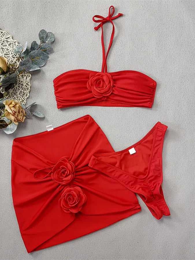 Sexy White Bikinis Sets 3D Floral Designer 3 Piece Swimsuit 2024 Summer Black Push Up Beach Bathing Suit Skirt Swimwear Biquini