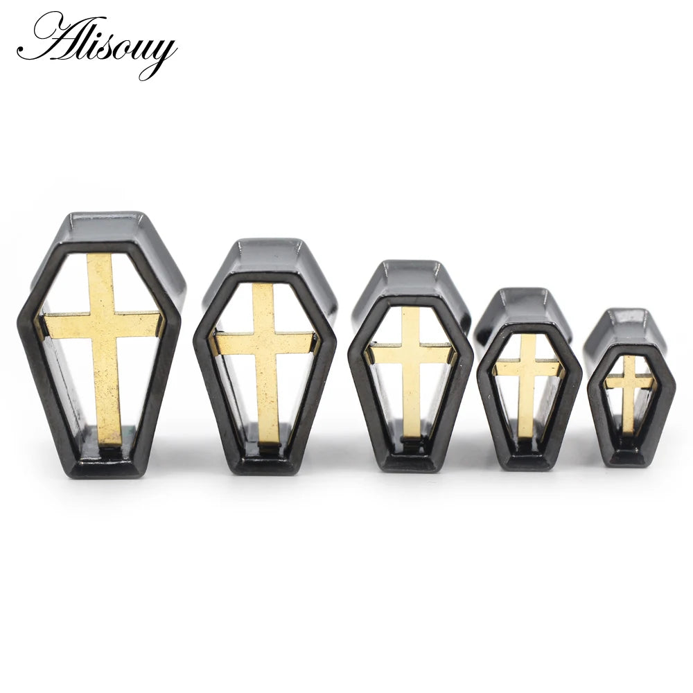 Alisouy 1PC Punk Alloy Casting Coffin Hexagon Cross Ear Tunnels Plugs Expander Stretcher Gauges Earrings Piercing Body Jewelry