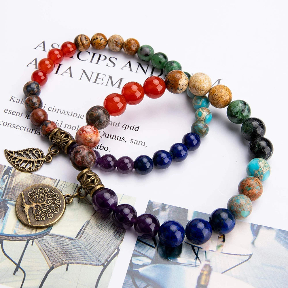 Natural Semi Precious Gemstone Beads Bracelet for Women Life Tree and Leaf Charm Energy Reiki Crystal Stretch Bracelets Jewelry