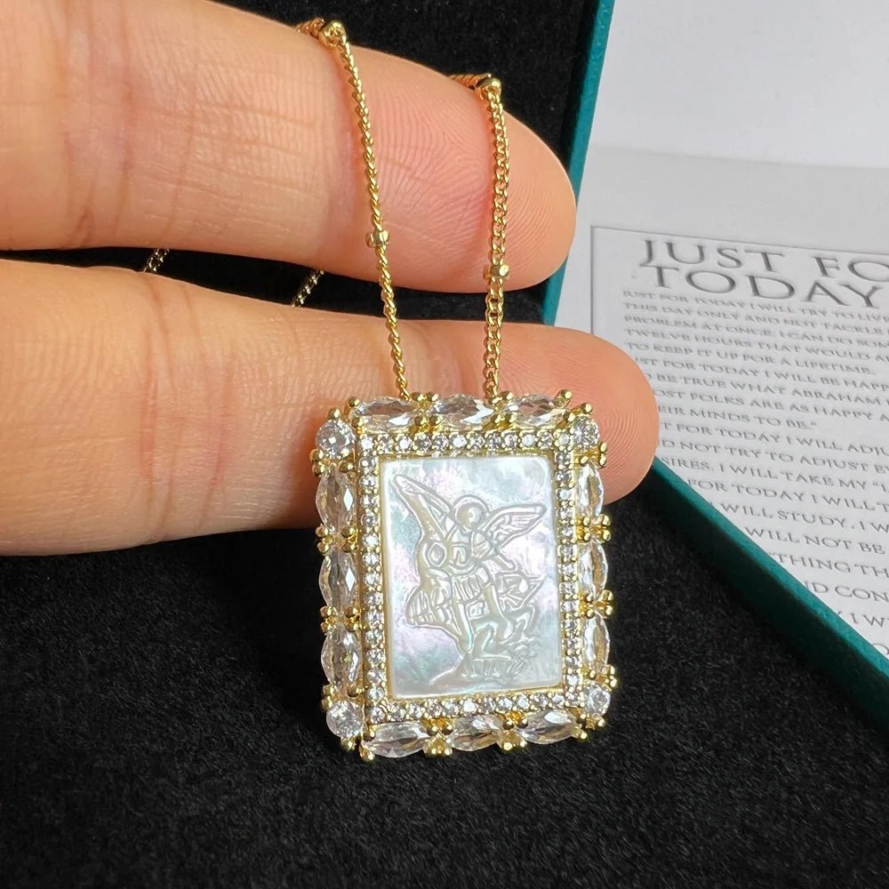 Natural Mother Pearl Shell Virgin Mary Guadalupe San Benito Charm Necklace Rectangle Religious Medals Necklace for Women & Gift