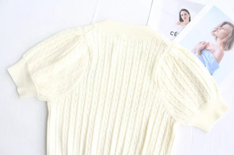 Japanese New Spring Ladies Sweet Bubble Short Sleeve Twist Knitted Top Sweater Letter Embroidered Pure Color Women's T-shirt