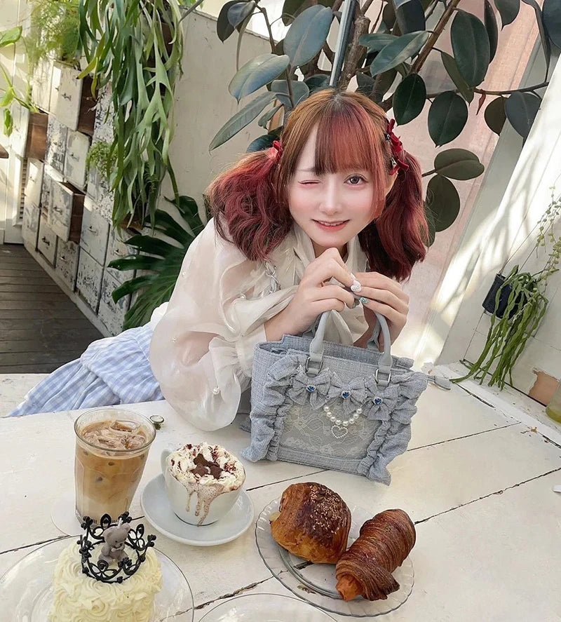 Japanese Style Mine Ita Bag Ruffled Lace Women Girls Rhienstone Pearl Bowknot Square Tote Shoulder Portable Bolso Handbags