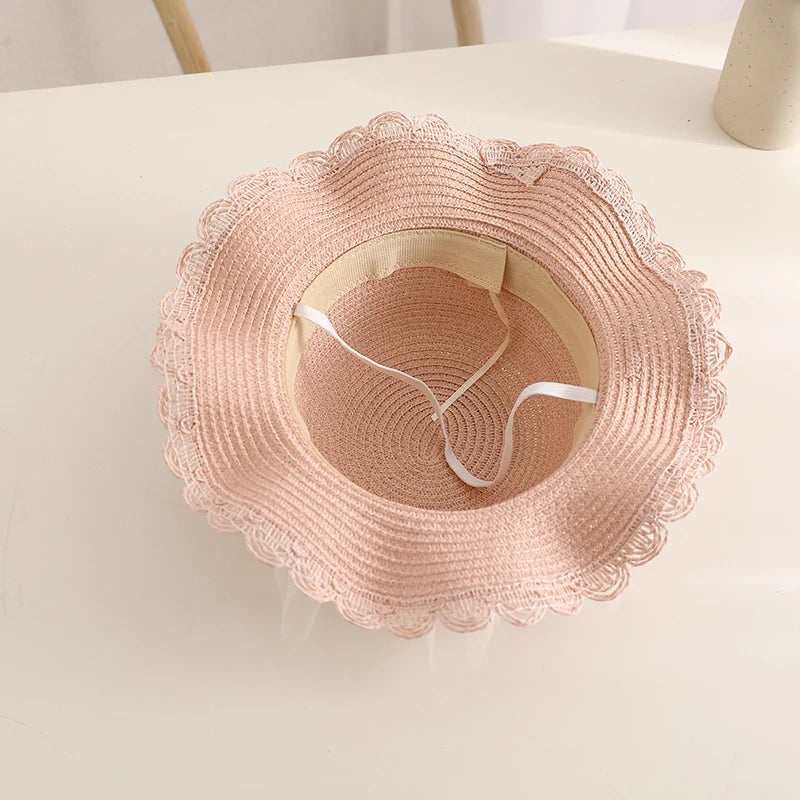 Kids Girls Wide Brim Straw Woven Cap Sun Protection Beach Hat Lace Pearl Summer Floppy Bucket Cap Portable Handbag панама