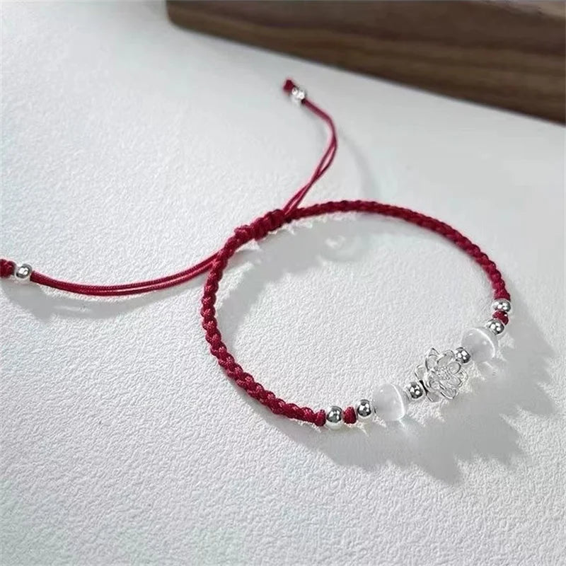 Vintage Handmade Chinese Style Braid Bracelet For Women Girls Fashion Lotus Flower Beaded Bracelet Jewelry Adjustable Gifts