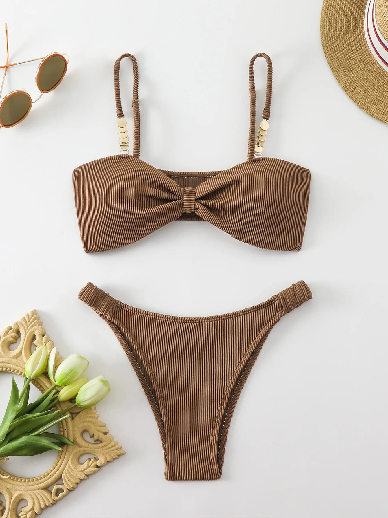Sexy Micro Bikinis Sets Two Pieces Swimsuit Brown Swimwear Female Thong Brazilian Biquini Bandeau Ribbed Beach Wear Bathing Suit