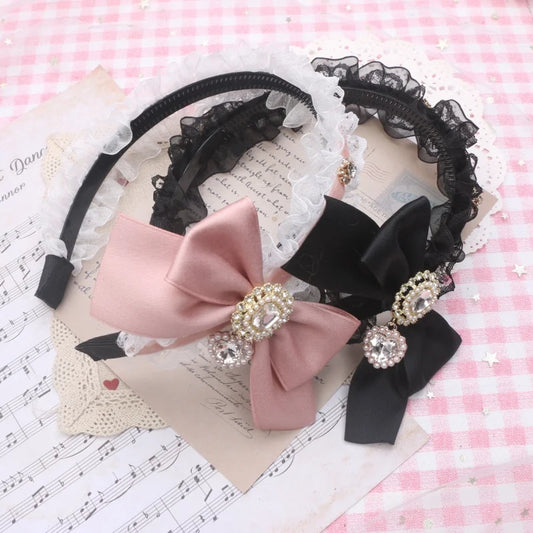 Sweet Hair Accessories Bow Head Band for Women Kawaii Lolita Diamond Bowknot Ruffles Hairbands Soft Girl Headwear