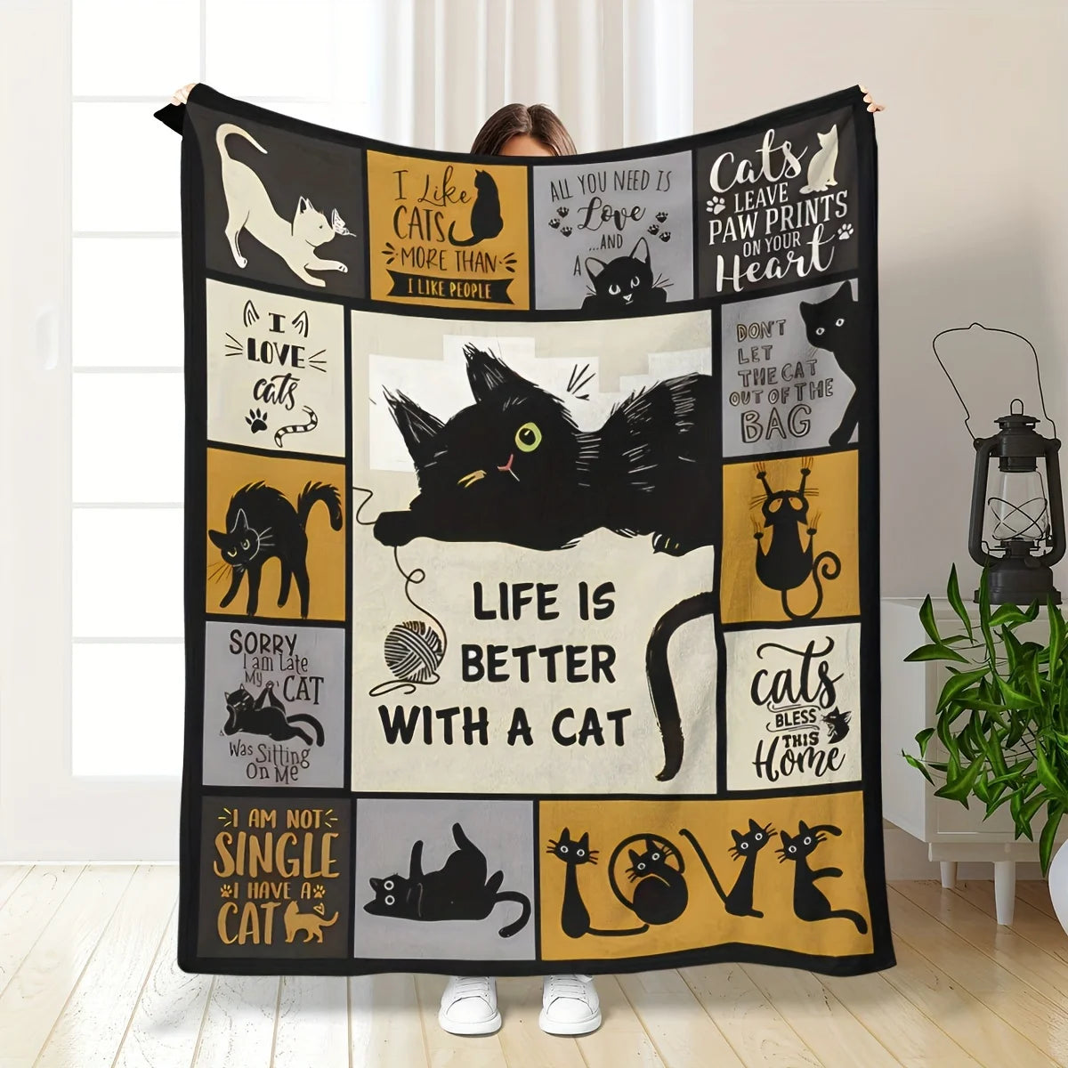 1pc Blanket Lovely Black Cat 3D Print Smooth Flannel Blanket for Home Living Room Bedroom Decor New Year Christmas Gift