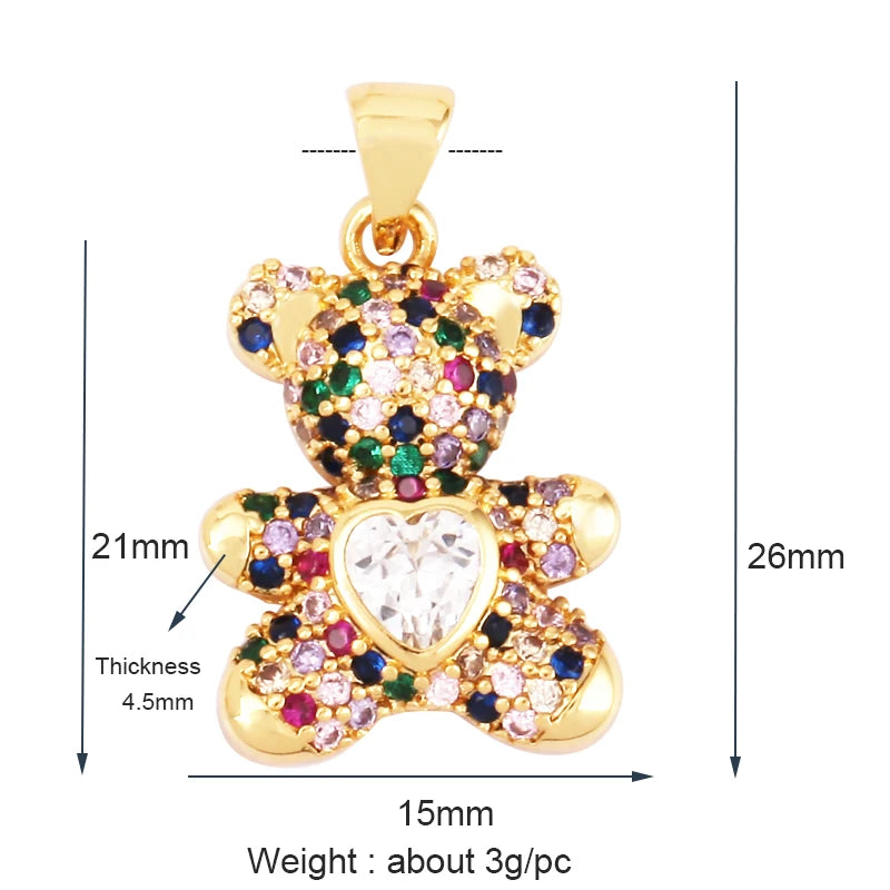 Luxury Fine Inlaid Rainbow Cubic Zirconia Charm Pendant,Cute Bear Jewelry Necklace Bracelet Making Wholesale Supplies M85