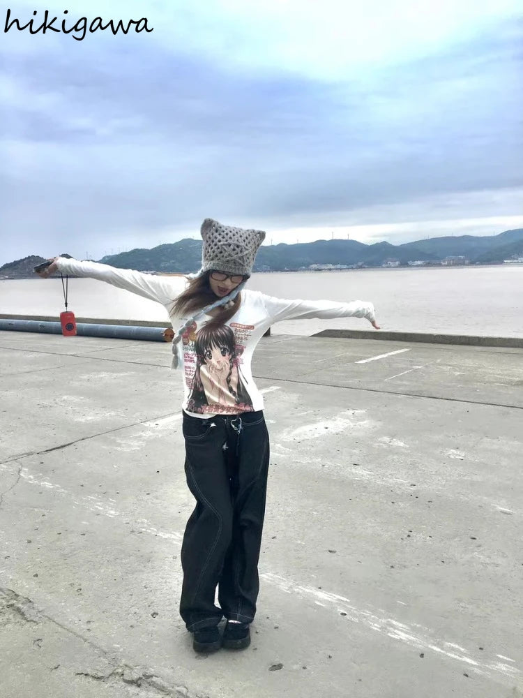 Cute T Shirt Women's Clothing Long Sleeve Slim Waist Anime Tees Y2k Tops 2025 Ropa Mujer Casual Fashion Japanese T-shirts 63c405