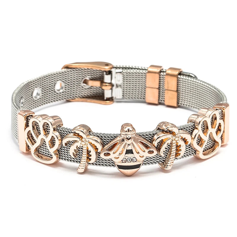 Silver Color Stainless Steel Mesh Bracelets For Women Crystal Santa Claus Beads Charm Watch Belt BraceletsBangles Christmas Gift