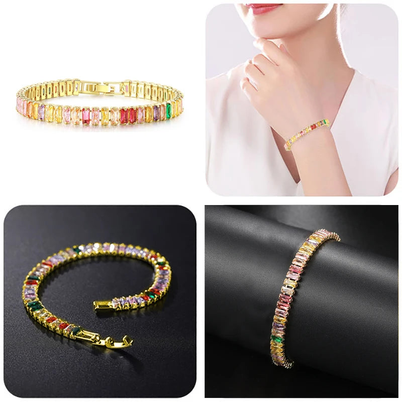 Rainbow Crystal Tennis Bracelets for Women Kpop Silver Color Friend Gifts Colorful Zirconia Bangle Chain on Hand Jewelry H167-M